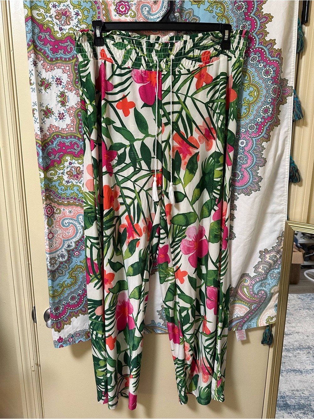 Tropical Floral Wide-Leg Lounge Pants - Pink & Green